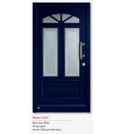 UNILUX Model 2227 Black Blue Door, Designer Glass, Polished Brass Handle, High Security Timber Entry Door